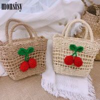 Monsisy Beach Bag For Women 2020 Straw Rattan Bag Handmade Woven Cherry Handbag Ladies Small Basket Tote Girl Child Travel Bag