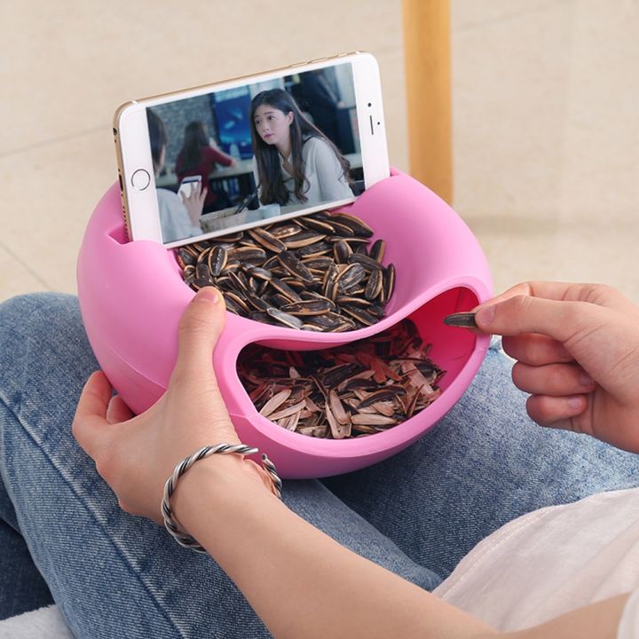 creative-lazy-snack-bowl-plastic-double-layer-snack-storage-box-bowl-fruit-bowl-and-mobile-phone-bracket-chase-artifact-4colors