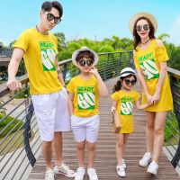 Summer Family Matching Outfits Mother Daughter Yellow Cotton Dresses Dad Son Cartoon T-shirt+Shorts Mother Father Kid Clothing