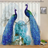 Peacock Shower Curtains Blue Beautiful Bird Flower Plant Watercolor Pattern Print Bathroom Decor Home Bath Bathtub Cloth Hanging Curtain  Polyester