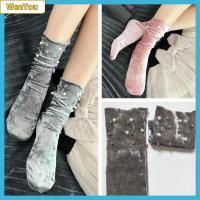 WENYOU Girls Vintage Casual Soft Velvet Shiny Pearl Stocking Women Socks Winter Warm