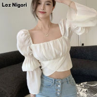 Laz Nigori เสื้อเชิ้ตเนคไทสี่เหลี่ยมสไตล์ฝรั่งเศสสำหรับผู้หญิงเสื้อแขนยาวสั้นเปิดเอวอินเทรนด์