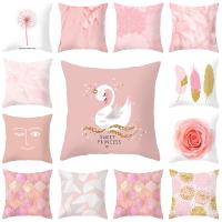 【CW】ஐ  Luxury Pink Feather Print Pillowcase Marble Cushion Cover