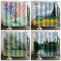 Abstract Artistic Oil Painting Shower Curtain Landscape Washable Print Pattern Bathroom Curtains Aesthetic Room Decor Curtains