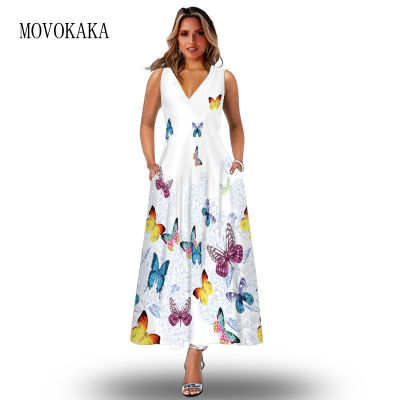 MOVOKAKA Summer Casual Long Dress Women Vintage Elegant Sleeveless Butterfly Printing Vestido Party Loose Holiday Beach Dresses
