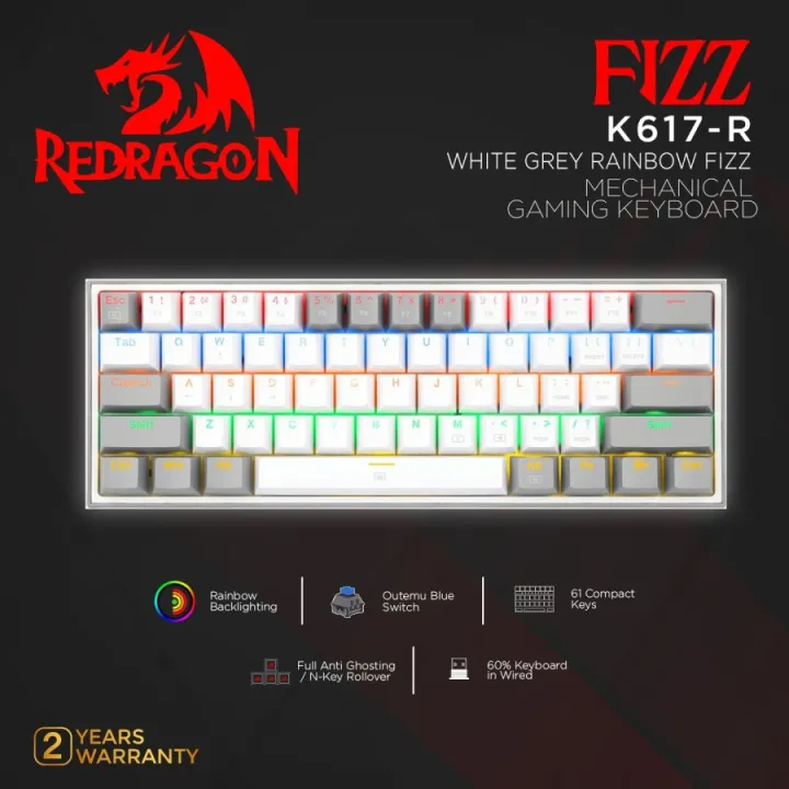 Redragon K617R Mechanical Gaming Keyboard 60% WHITE GREY RAINBOW FIZZ ...