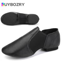 RUYBOZRY Genuine Leather Jazz Dance Shoes Tan Black Antiskid Sole Jazz Shoes Toddler Girls Woman Gymnastics Unisex Slip On Jazz