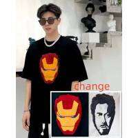 Iron Man Spider-Man overturn Two-color beads round collar face change pattern T-shirt Summer color sequin loose top