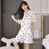 Ice silk pajamas summer womens polka dot short-sleeved shorts ladies home service suit cute ins style girls top