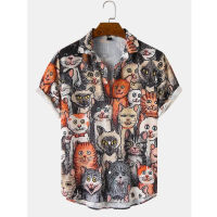 Hawaiian Shirts Mens Halloween Allover Funny Cat Print Casual Short Sleeve Shirts Men Summer Beach Blouse Tops Chemise Homme