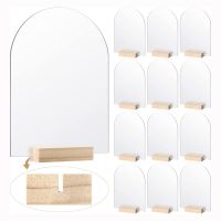 Frosted Blank Acrylic Sheet with Wood Stand Holder Arched Sign Table Number Card w/ Base for Wedding Party Centerpieces Decor