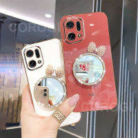 เคสสำหรับออปโป้ไฟนด์ X5/ค้นหา X5 Pro พร้อมกระจกแต่งหน้ามีโบว์กรอบสี่เหลี่ยมเคลือบ6D หรูหรามันวาวกรอบด้านหลังเป็นซิลิโคน Casing Ponsel เคสมือถือเด็กผู้หญิง