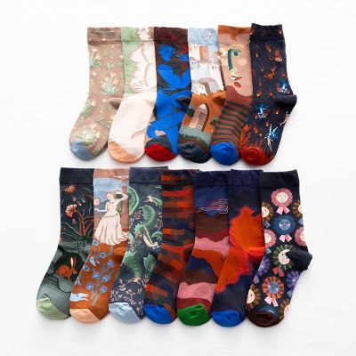 ‘；’ New Fashion Women Men Skateboard Socks Funny French Style Novelty Oil Painting Happy Cute Streetwear Unisex Cotton Crew Socks