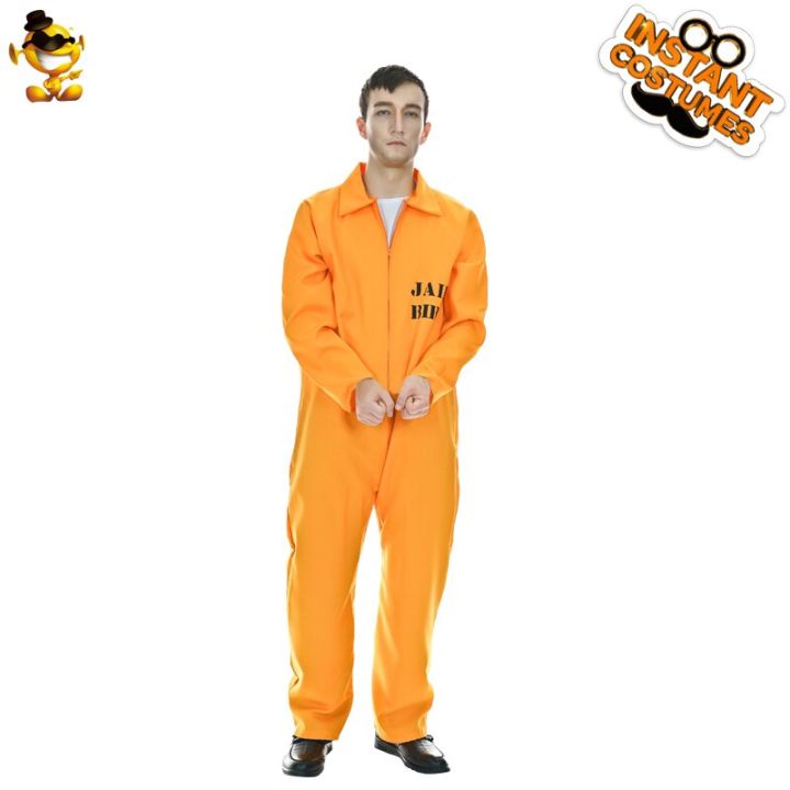 ชุดจั๊มสูทชุดแต่งกายนักโทษสำหรับผู้ชายชุดคอสเพลย์เพริมเรือนจำสีส้มชุดแฟนซีชุดแฟนซีปาร์ตี้ฮาโลวีน