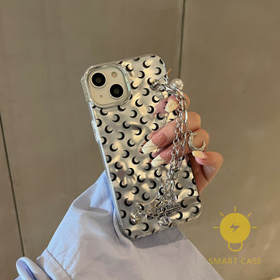For เคสไอโฟน 14 Pro Max [Mini Moon Built-in Chain Silver] เคส Phone Case For iPhone 14 Pro Max Plus 13 12 11 For เคสไอโฟน11 Ins Korean Style Retro Classic Couple Shockproof Protective TPU Cover Shell