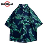 KYUSHUAD เสื้อแขนลำลองขาสั้นของผู้ชายเสื้อยืดลำลองหลวมแขนสั้นสไตล์ฮาวาย