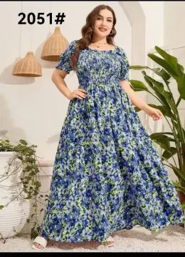 Plus Size Boho Dress, Women's Plus Floral Print Puff Sleeve Square Neck  Maxi Dress