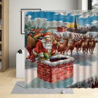 Christmas Shower Curtains Santa Claus Elk Snow Trees Xmas Scenery Pattern Bathroom Decor Polyester Cloth Hanging Curtain Sets