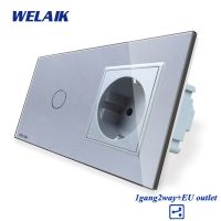 Welaik แผง2frame-crystal-glass-สวิตช์ติดผนัง-Eu Touch-Switch Screen-Eu Wall-Socket 1gang-2way A29128ecw /B