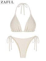 【JH】 Women  39;s Halter Textured Set Tie Side String Swimwear Swimsuit Leg Bathing 2023 Beachwear