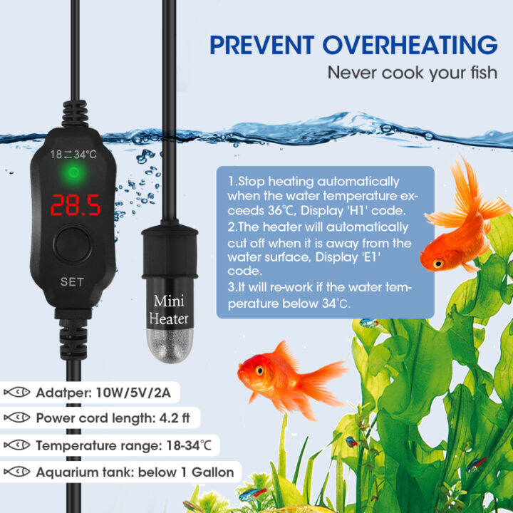 Máy sưởi hồ cá chìm dùng nguồn USB, bộ chuyển đổi 10W/5V/2A, bình cá