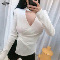 2021 Winter V-neck Hollow Long-sleeved Tops Autumn Elegant Solid Shirt Women Slim Pullover Gentle Sexy Cross Sweater Woman 16072