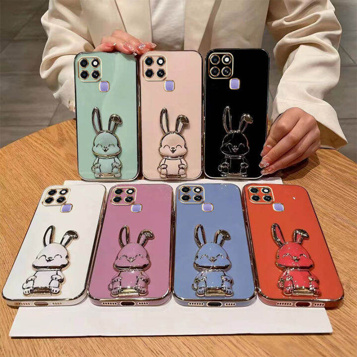 ybdเคสโทรศัพท์ใหม่สไตล์เข้ากันได้สำหรับ-infinix-smart-6-smart-6-hd-เคสการ์ตูนน่ารัก3dลายกระต่ายยิ้มกรอบนุ่มขาตั้งพับได้