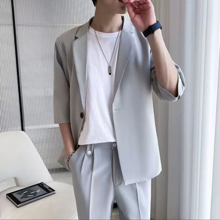 HUILISHI 3/4 Sleeves Casual Plain Suit Summer Korean Style Loose Men's ...