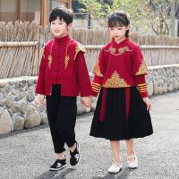 2022 Kids Children Chinese Style Red Tang Suit Girl Qipao Top Skirt Hanfu Cheongsam Dress Boy Oriental Shirt Pants Clothing Set