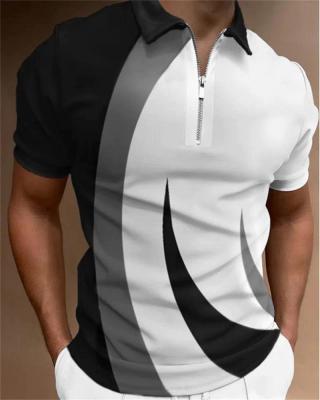 New Summer MenS Business Polo Shirt Casual Short Sleeve Lapel Zipper Top Tees Striped Lattice 3d Printed Breathable Streetwear