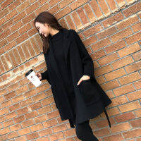 利DUOHANZI coat for women thin loose midi tweed coat lace-up pocket plus-size coat