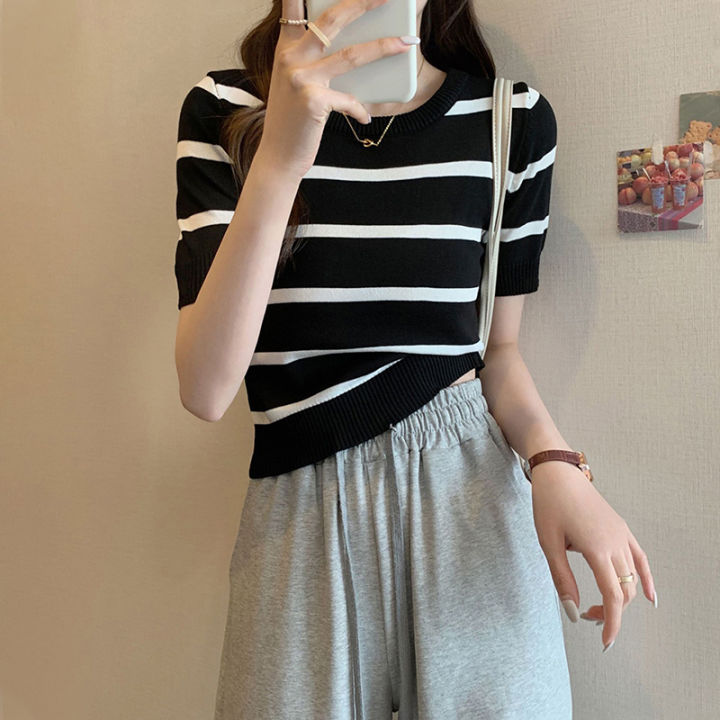 shenghao-women-striped-knit-short-t-shirt-fashion-casual-short-sleeve-round-neck-pullovers-tops