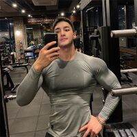 Autumn fitness exercise mens long sleeves gym running training male elastic breathable tight round neck T-shirts