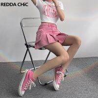 Reddachic กระโปรงคาร์โก้สำหรับผู้หญิงสีชมพู,กระโปรงพลีทเอวสูงกระโปรงเดนิมยีนส์ขาสั้นขนาดเล็กซับในเสื้อผ้า Y2k แนวกรันจ์สาวหวาน