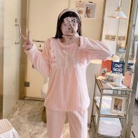 Winter Sweet Lace Princess Thick Warm Long Sleeve Flannel Pajama Sets Women Coral Velvet Sleepwear Pyjamas Homewear Clothes