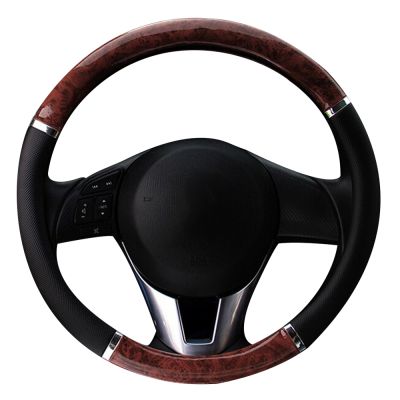 【YF】 Universal Auto Car Steering Wheel Cover Mahogany Wood Leather Fit 38cm Steer Covers Interior Decoration