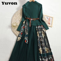 Yuvon Contrast printing patchwork temperament pleated long dress slimming fit long sleeve knit dress for women