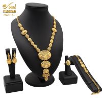 【lz】▣☄♈  Dubai 24K Gold Plated Jewelry Set Colar de Noiva Nigeriana Brincos Anel Conjunto de Pulseira de Quatro