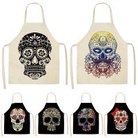 ☍ 1Pcs Skull Pattern Kitchen Apron 53x65cm for Cooking Sleeveless Cotton Linen Aprons Adult Bibs Home Cleaning Accessories 46303