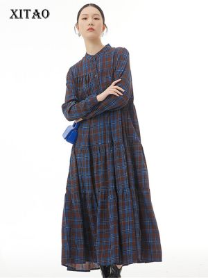 XITAO Dress Fashion Casual Women Plaid Long Pleated Dress