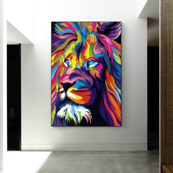 modern-wall-art-ภาพวาด-บทคัดย่อ-animal-art-ผ้าใบพิมพ์ผนังที่มีสีสัน-lion-head-รูปภาพสำหรับตกแต่งห้องนั่งเล่น