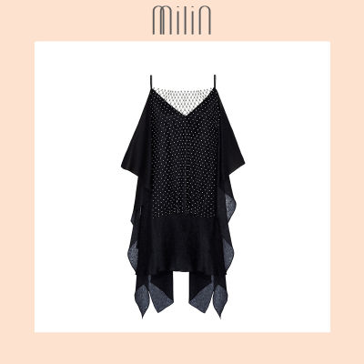 [MILIN] Flowy cold shoulder chiffon mini dress ชุดเดรสสั้นสายเดี่ยวคอวีเปิดไหล่แต่งคริสตัล Cheval Dress