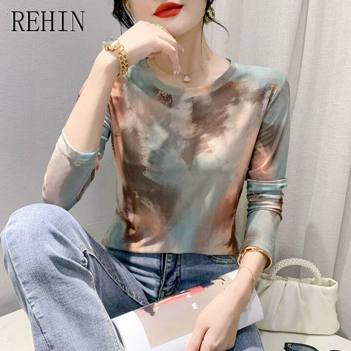 rehin-2023เสื้อของผู้หญิงใหม่บางและแฟชั่นเสื้อชีฟองพิมพ์ลายแขนคอกลมยาวเสื้อเสื้อตามเทรนด์เสื้อผ้าป้องกันแสงแดด