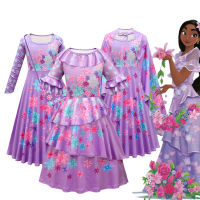 NEW Encanto Isabela Purple Dress Madrigal Cosplay Costume with Bag Cloak Girl Princess Dress Children Birthday Party Dresses