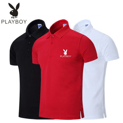 เสื้อโปโล แขนสั้น ผ้าฝ้าย ปักลาย Playboy สีพื้น ทรงหลวม สําหรับผู้ชาย