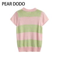 PEAR DODO เสื้อยืดลายเสื้อถักนิตติ้งแขนสั้นคอกลมเกาหลีสำหรับผู้หญิง