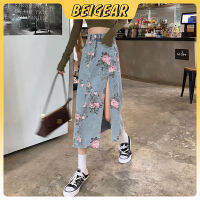 ร้อน, ร้อน★Beigear Rose Skirt Womens Summer New Large Size High Waist Slit Mid-length Package Hip Denim Skirt