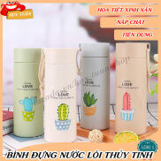 Bình đựng nước lõi thủy tinh họa tiết xương rồng dễ thương dung tích 400ml