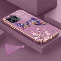 เคสสำหรับ Realme C53ผีเสื้อสุดหรูพร้อมกล้องดอกไม้เคสโทรศัพท์ขอบซิลิโคนนิ่มฟรีสายคล้องปกป้องโทรศัพท์ขอบชุบ