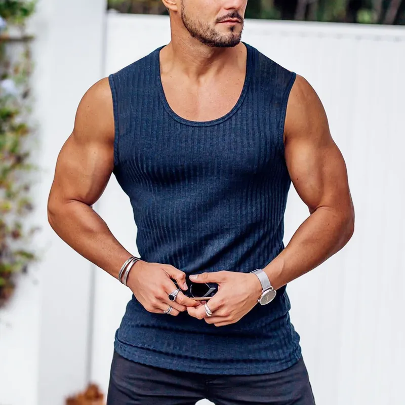 Herrnalise Men's Muscle Gym Workout Men Casual Solid Tight Fitting Sports  Stripe Gym Tank Tops Vest